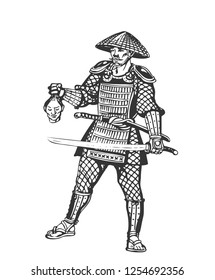 Samurai with the head of the enemy. Graphic drawing