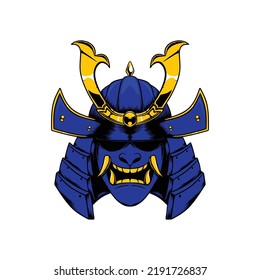 Samurai Head Helmet Gold Skin With Oni Mask Premium Quality Stock Vector.Mask Designs for T-shirts, Tattoos, Stickers, Gaming Logos or Posters