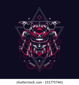 samurai head illustration with sacred geometry pattern