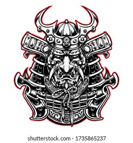 samurai head Japanese decoration with black and white color line art  combination illustration
