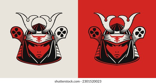 Samurai head in mask and helmet. Japanese esports gaming high detailed logo. Japanese Ronin warrior soldier character. Gamer sport team mascot design. Vector for horror t-shirt or fight badge.