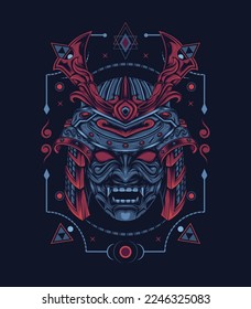 Samurai head on the sacred geometry background