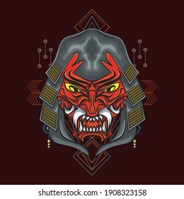 Samurai head with sacred geometry ornament illustration. Perfect for T-shirt designs, merchandise stickers, etc.