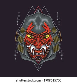 Cabeza de Samurai con geometría sagrada adorno de ilustración. Perfecto para diseños de camisetas, etiquetas de mercancía, etc.