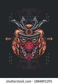 Samurai Kopf mit heiligen Geometrie Muster. Perfekt für Design von T-Shirts, Aufklebern, Merchandise, etc.