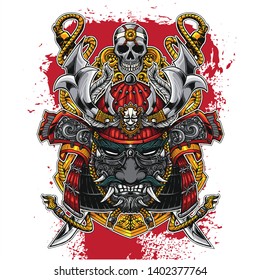 samurai head and shield decoration with two crossed swords line art graphic design illustration