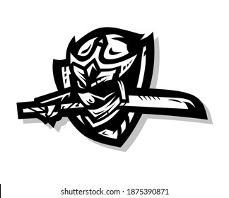 samurai head, vector illustration of cool japanese samurai head, holding a sword, black and white color, line art, for mascot logo illustration.