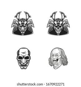 samurai heads black and white vector 3