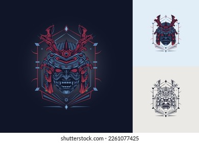 Samurai helmet. Bushido face illustration