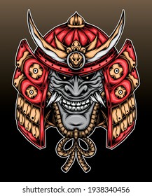 Samurai helmet with hannya mask. Premium vector.