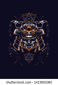 Samurai helmet head with sacred geometry pattern