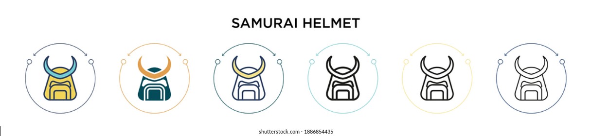 Icono de casco de Samurai en estilo relleno, delgado, contorno y trazo. Ilustración vectorial de dos iconos vectores de cascos de samurai de color y negro se pueden utilizar para móviles, ui, web