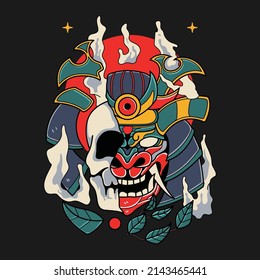 samurai helmet illustration with skull