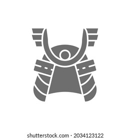 Samurai helmet, japanese warrior mask grey icon.