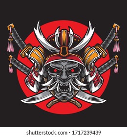 samurai helmet with katana sword vector