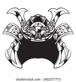 samurai helmet line art black and white illustration