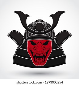samurai helmet with red oni demon mask