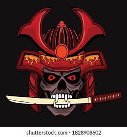 Samurai helmet with a skull head carrying a sword, the legendary armored swordsmen vector illustration