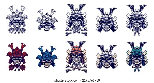 Conjunto de ilustraciones del diseño del vector del casco de Samurai