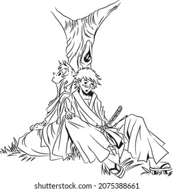 A samurai with his partner resting under a tree. Hand drawing using a pen tablet