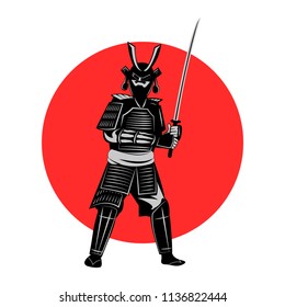 Samurai hold sword in front of red circle,warrior of japan,monochrome realistic design,vector illustration