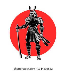Samurai hold sword in front of red circle,warrior of japan,monochrome realistic design,vector illustration