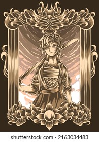 samurai hunter on engraving frame illustration