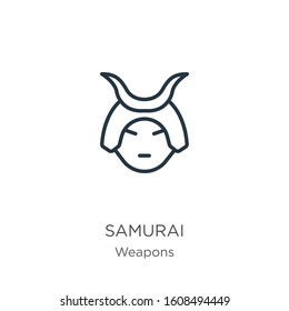Samurai icon. Thin linear samurai outline icon isolated on white background from weapons collection. Line vector sign, symbol for web and mobile