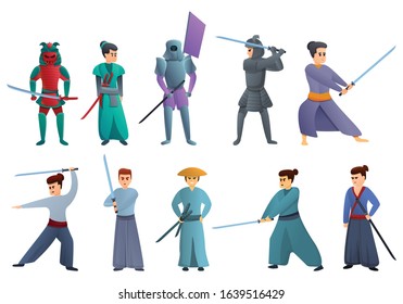 Samurai icons set. Cartoon set of samurai vector icons for web design