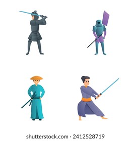 Samurai icons set cartoon vector. Japanese samurai warrior with sword. Asia tradition and culture