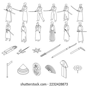 Samurai Symbole gesetzt. Isometrischer Satz Samurai-Vektorsymbole, Vektorgrafik auf weißem Hintergrund