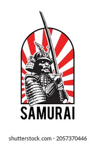 samurai illustration with japanese sun background