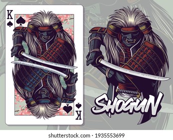 Ilustración de Samurai para el diseño de cartas de juego del Rey de espadas