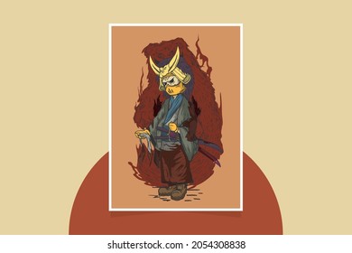 Samurai illustration poster template with red spirit enveloping it