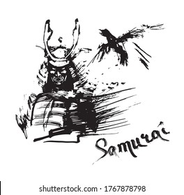 Ilustración de Samurai Carácter de dibujo con tinta vectorial.