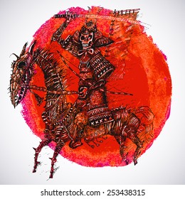 The Samurai in an image of death on a red watercolor background