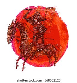 The Samurai in an image of death on a red vector watercolor background. Vintage gravure style. Sketch for avatar, tatto, poster, print, t-shirt design