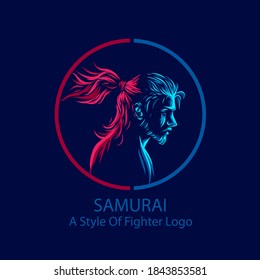 Samurai japan hairstyle logo line pop art portrait colorful design with dark background. Abstract vector illustration.