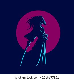 Samurai Japan Sword Knight Line Potrait Logo Colorful Design With Dark Background. Isolated Navy Background For T-shirt, Poster, Clothing, Merch, Apparel, Badge Design