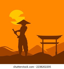 Samurai japón logo vectorial de espada knight diseño colorido. Fondo aislado para camisetas, afiches, ropa, mercadería, ropa, diseño de insignias.