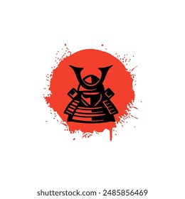 Samurai Japan warrior illustration red flag background. Samurai warrior in traditional armor