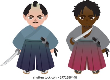 samurai Japanese and Black SD character wearing kimono