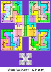 Samurai Jigsaw Sudoku, symmetrical, 93 clues. Vector