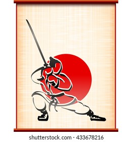 Samurai with katana in fighting stance on the background of ancient parchment; Traditional sports asian martial art; Hand-drawing of the ink painting style; Vector Eps10