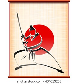 Samurai with katana in fighting stance on the background of ancient parchment; Traditional sports asian martial art; Hand-drawing of the ink painting style; Vector Eps10