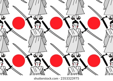 Samurai, katana and Japanese sun. Oriental Asia traditional culture. Trendy, stylish, fashionable, seamless vector pattern for design and decoration.