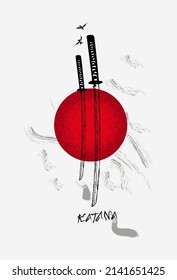 Samurai katana sobre el fondo de la bandera japonesa. Un afiche muy original listo para imprimir o editar.