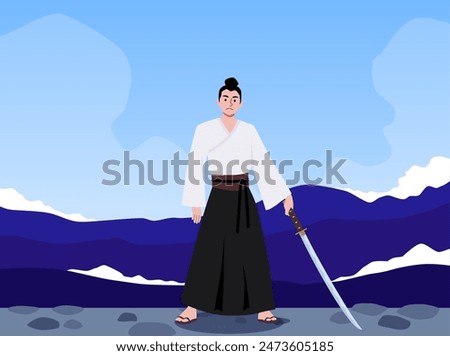 A samurai with a katana in one hand stands on a stone beach, on the seashore. Traditional Japanese warrior with weapon at the ready. Brave man. Vector illustration.