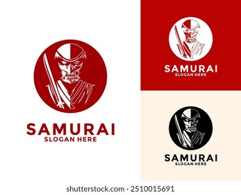 Samurai with Katana and Oni Mask logo vector, Japanese Warrior Samurai Knight logo design template