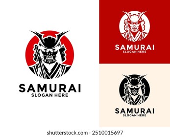 Samurai with Katana and Oni Mask logo vector, Japanese Warrior Samurai Knight logo design template